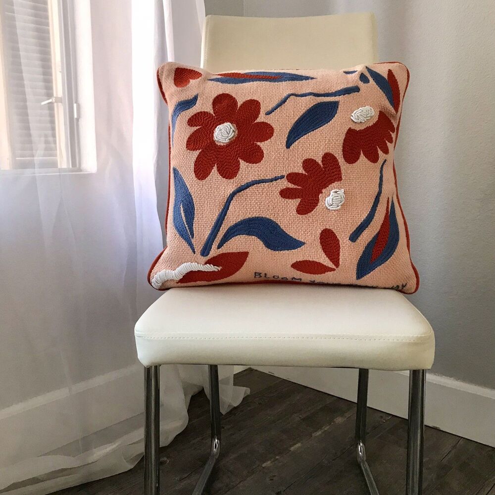 Anthropologie Bloom Your Own Way Pink Blue Floral Embroidered Throw Pillow